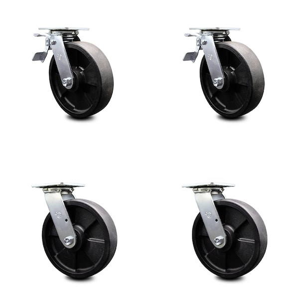 8 Inch Glass Filled Nylon Swivel Caster Set with Ball Bearing 2 Total Lock Brake